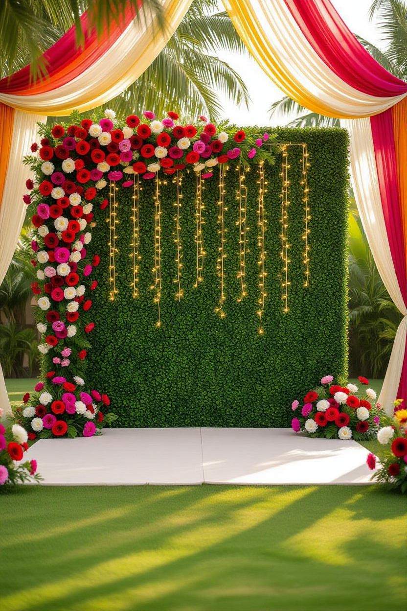 'Floral wedding backdrop decoration with greenery wall"