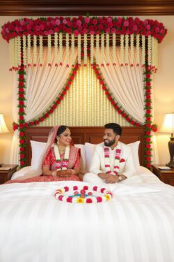 Wedding room decoration in moradabd & all up with modern look and feel free service provides "Red theme wedding room decoration with Elegant flower in moradabad & up