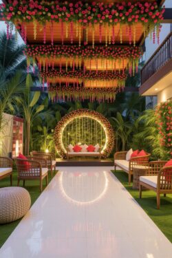 Wedding decoration with light and green floral stage Elegant wedding decoration with green floral